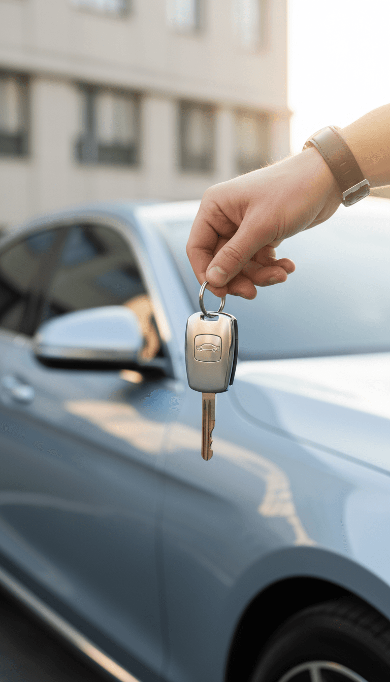 Car keys held in front of a new vehicle