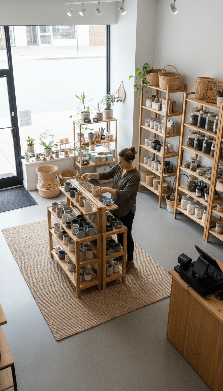 Small business owner arranging their shop