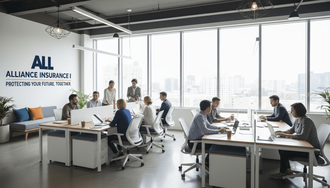 Professionals working in a modern, open-plan office with ample natural light and contemporary design.