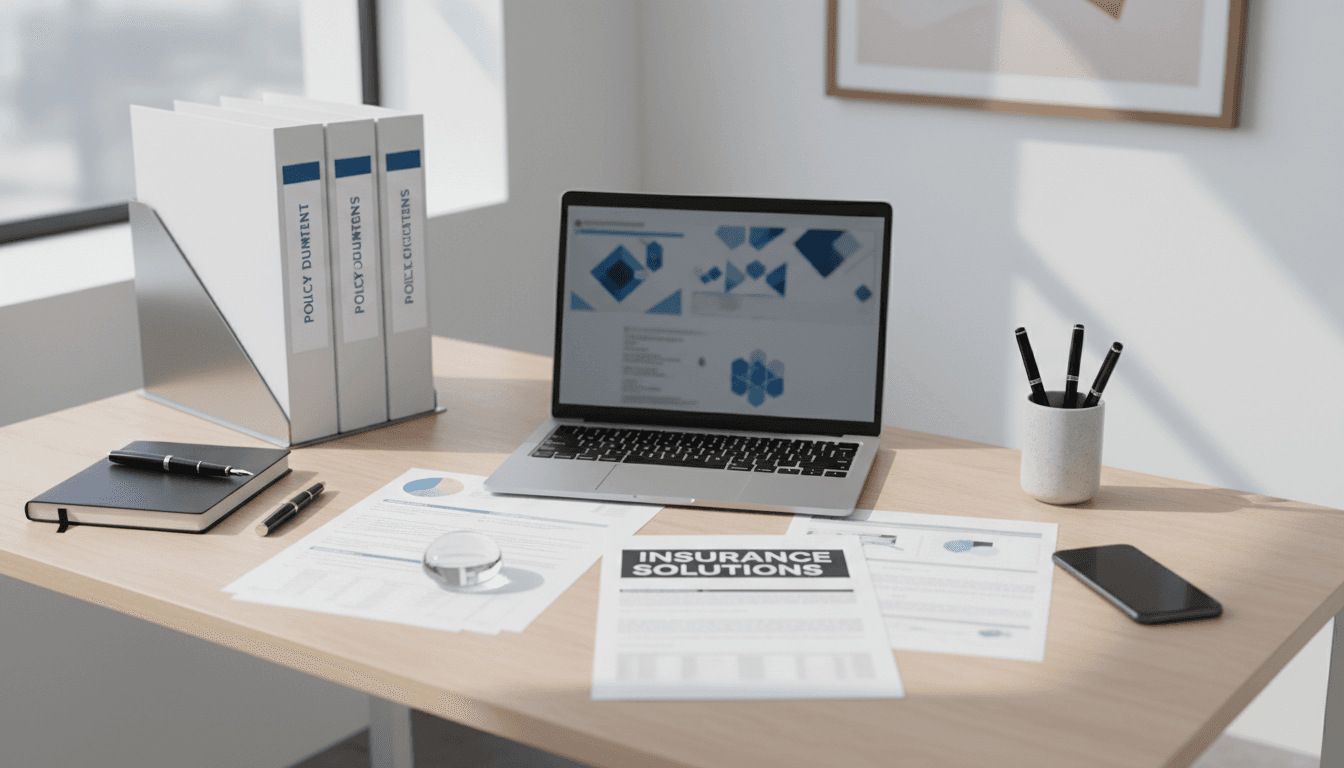 Overhead view of a neatly arranged insurance agency desk with documents and laptop.