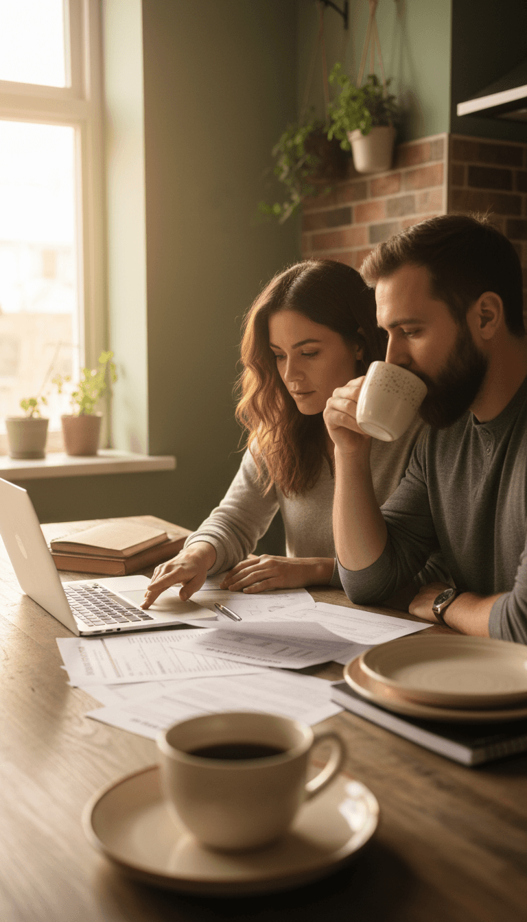 Couple reviewing insurance documents at home