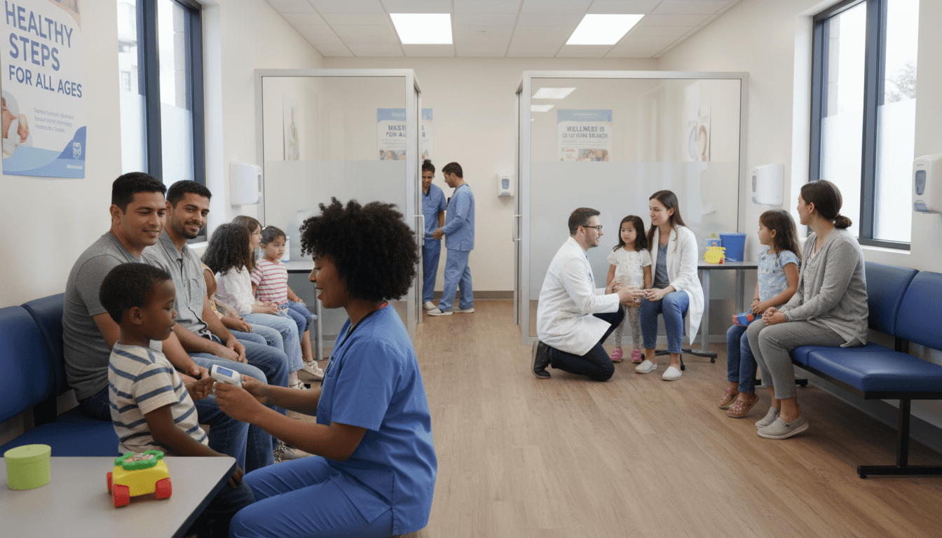 Diverse families and children receiving medical care in a bright, welcoming community health clinic staffed by compassionate healthcare workers