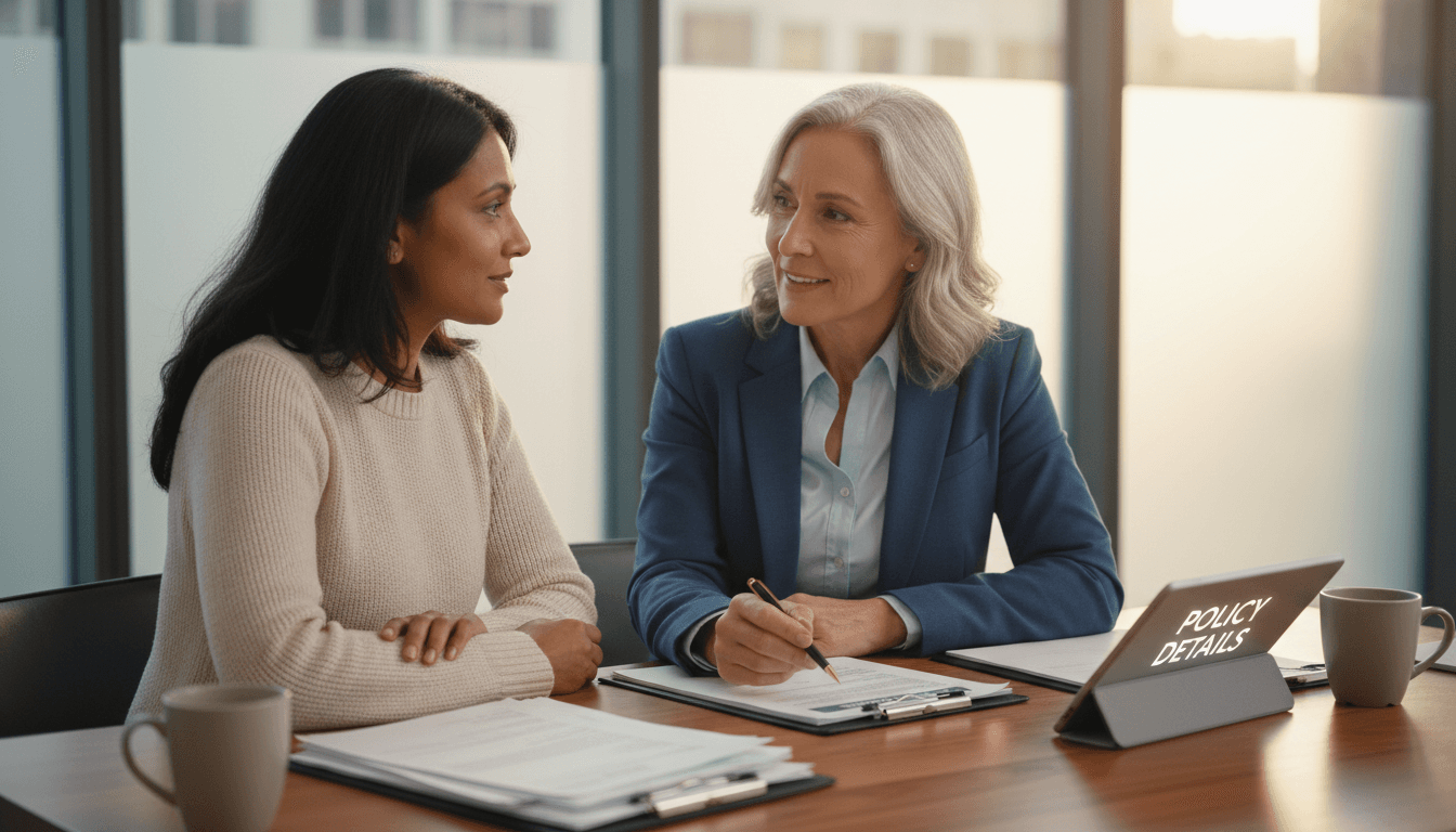 Insurance agent reviewing policy documents with client