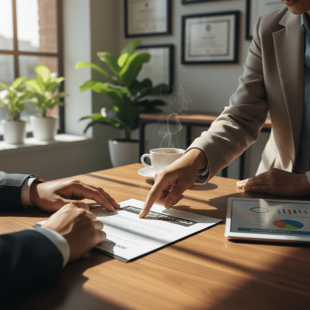 Insurance agent discussing coverage options with a client at a desk in a professional office setting
