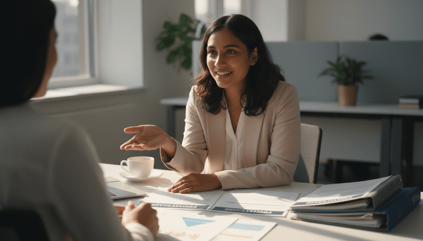 Insurance agent reviewing coverage options with a client at their desk